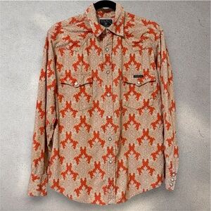 Vintage Lucky Brand Boho Western Corduroy Diamond Shaped Pearl Snap Shirt Small